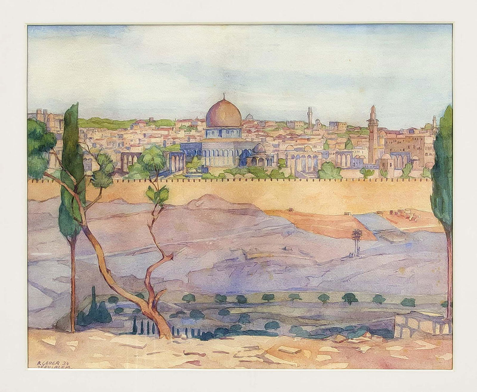 Bernhard Gauer (1882-1955), Dusseldorf painter, stud.: Bernhard Gauer (1882-1955), Dusseldorf painter, stud. at E. v. Gebhardt u. C. v. Marr at the Munich Academy. Convolute of three watercolors with edgings. Jerusalem with view from the Dome of the Rock,