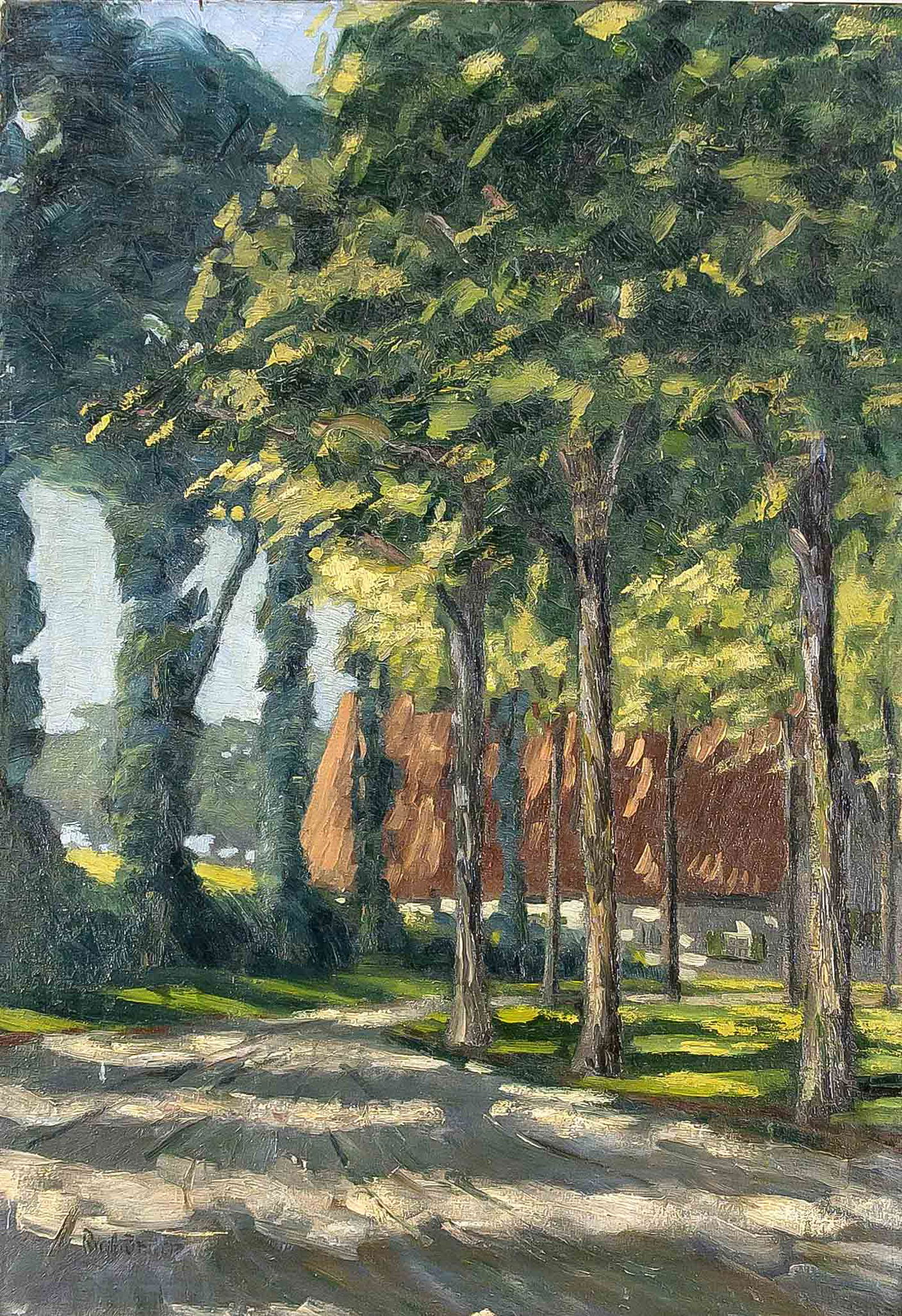 Rudolf Inden (1897-1951), landscape painter, brother of: Rudolf Inden (1897-1951), landscape painter, brother of Ernst Inden, studied at the Art academies in Dusseldorf, Munich and Karlsruhe. Impressionist avenue with courtyard in the background, oil / canv