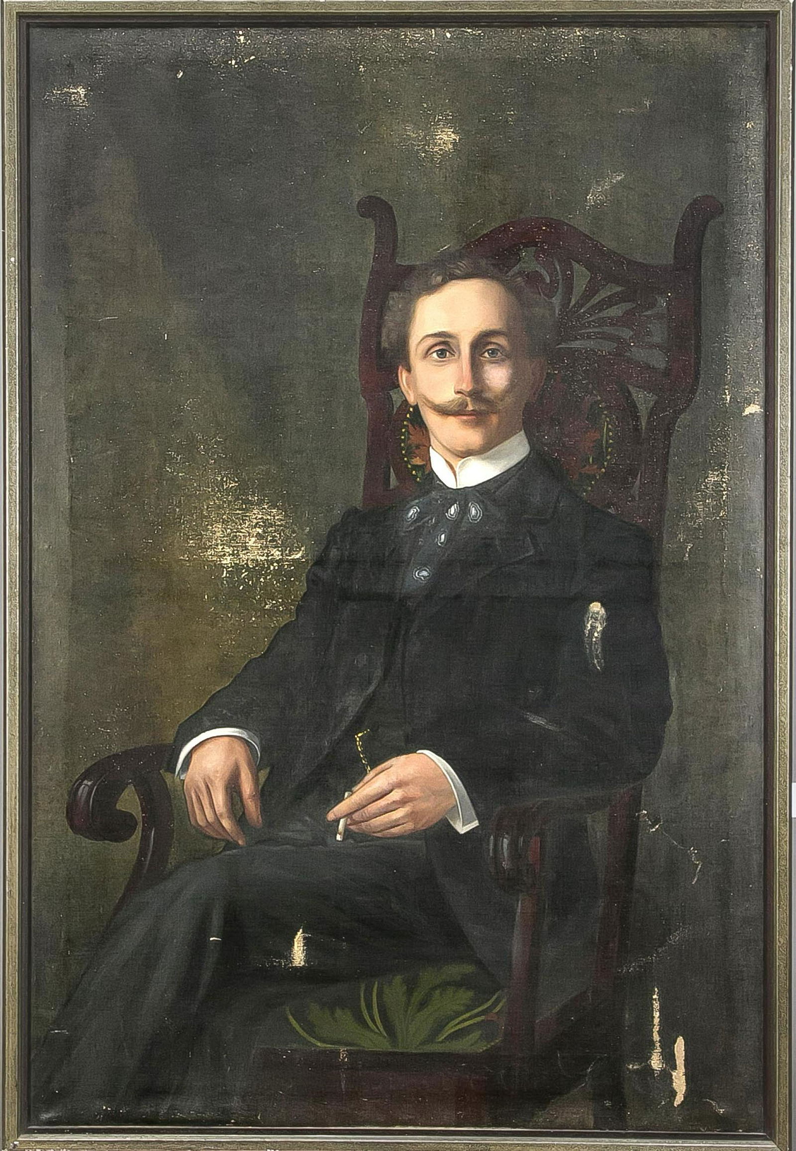 Anonymous portrait painter of the Art Nouveau around: Anonymous portrait painter of the Art Nouveau around 1910, large portrait of a seated young man with cigarette, oil on canvas, unsigned, in need of restoration, paint rubbed off, a. kl. Crack, 120 x 8