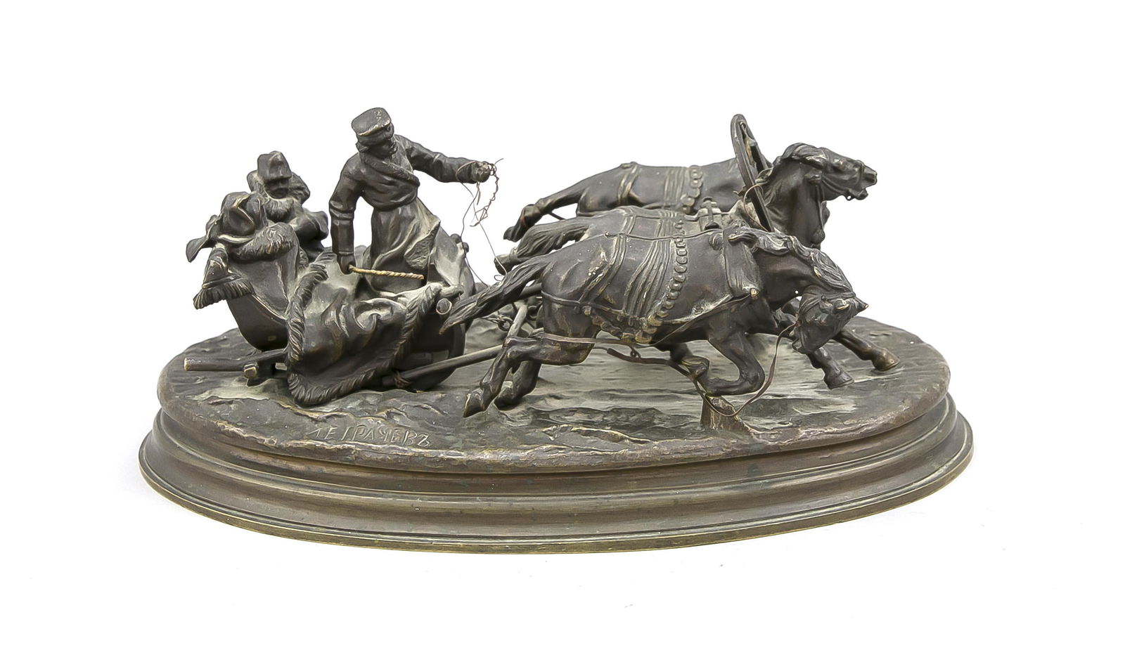 Vasily Grachev (1831: Vasily Grachev (1831-1905), Russian sculptor, ''sledge troika'', dark patinated bronze, the oval Terrainplinthe the Cyrillic artist's signature ''Grachev'' and the Cyrillic foundry mark the factory K.