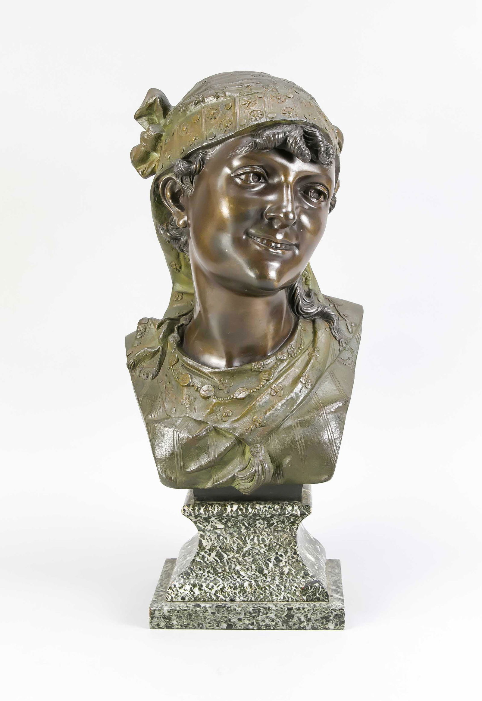 Adolphe Jean Lavergn: Adolphe Jean Lavergne (1863-1928), French sculptor, bust of a smiling young woman, green and brown patinated bronze over retracted marble base, laterally in the cast sign., Ges.-H. 50 cm
