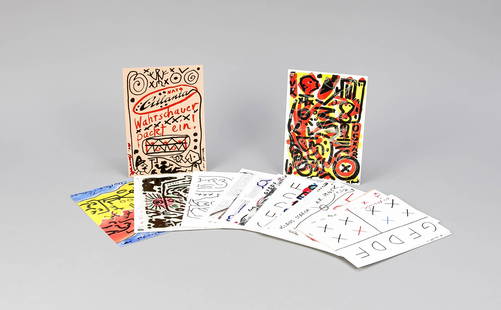 A.R. Penck (1939-201: A.R. Penck (1939-2017), 32 artist Postcards of the Edition Staeck in the illustrated OKarton (damaged), cards with various designs Pencks, three of them hand-signed, the cardboard cover also handsign.