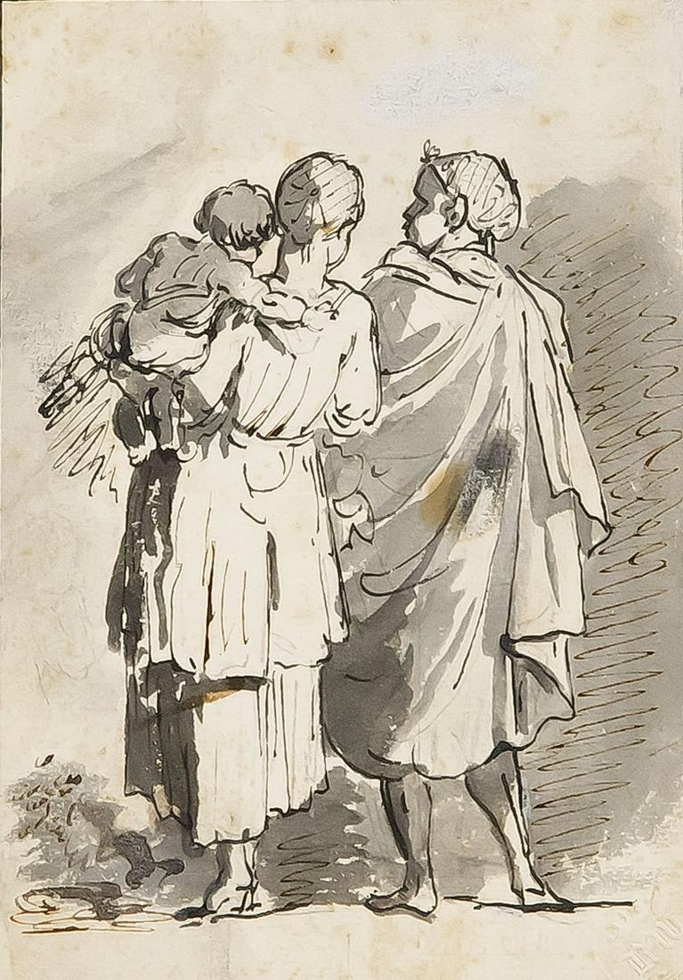 Benjamin West (1738-1820): Benjamin West (1738-1820), circumcision, mother and child next to a gentleman with cloak, brown and black feather on handmade paper, black washed, 18th cent., With edging line in black feather, mounte