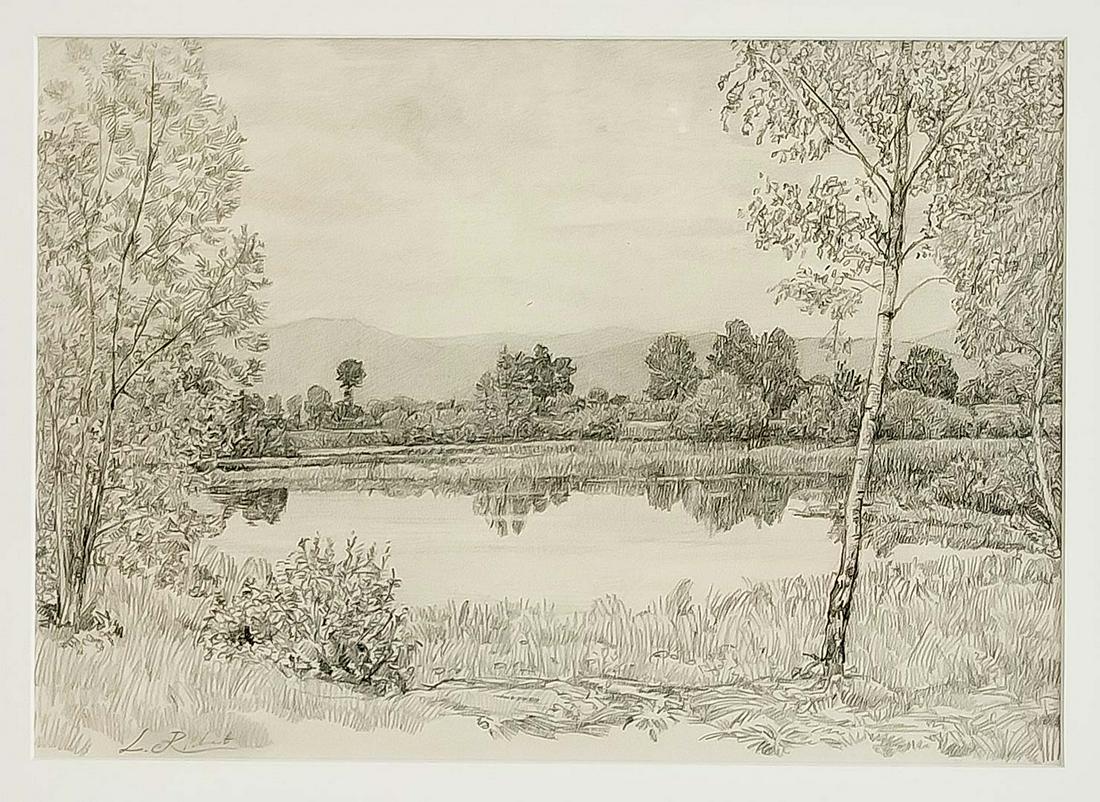 Léon Richet (1847-1907),: Léon Richet (1847-1907), Schule von Fontainebleau, war Schüler von Diaz Lefebvre und Boulanger, stellte im Pariser Salon aus. Birken am Weiher, Bleistiftzeichnung auf Papier, u. li. sign. "L. Richet