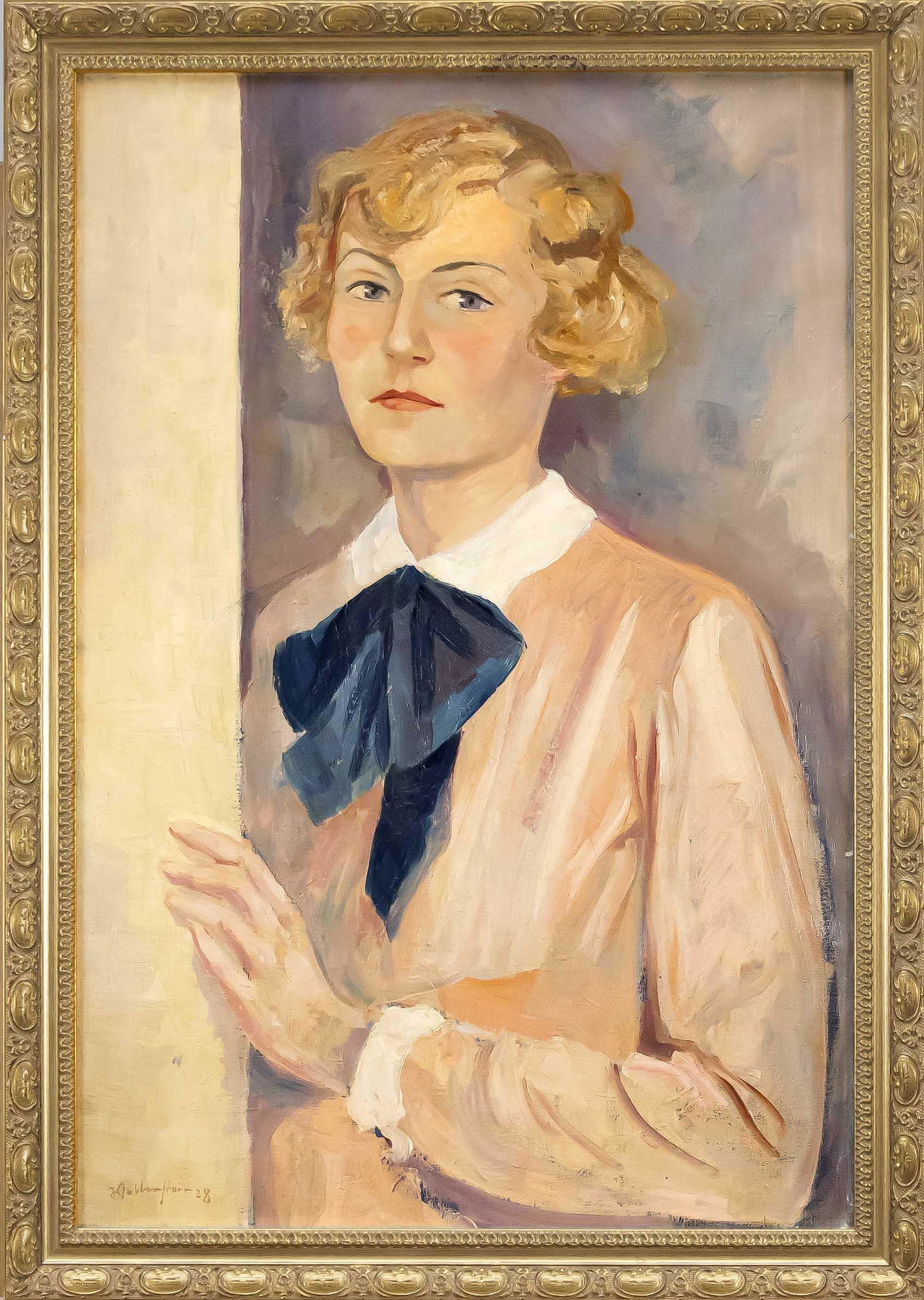 Walter Wellenstein (1898-: Walter Wellenstein (1898-1970), German painter a. Graphic artist, active in Berlin, portrait of a young woman standing in the doorway, verso titled ''Illa'', oil on canvas, u. li. sign. u. dated 1928,