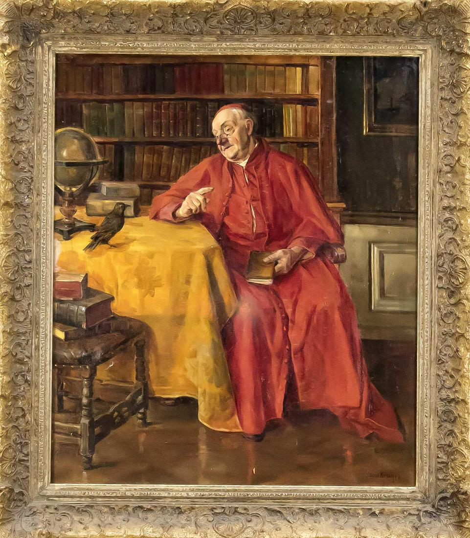 Hans Kratzer (1874-1927),: Hans Kratzer (1874-1927), Munich genre painter, cardinal in a library in conversation with a bird, oil on Lwd., U. re. signed, 53 x 45 cm, ger. 68 x 60 cm
