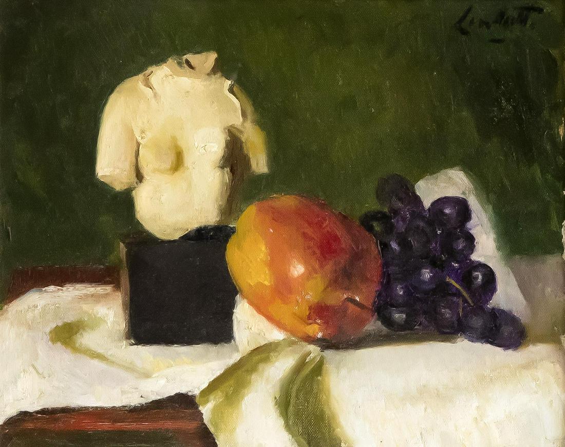 Edward Barnard Lintott (1: Edward Barnard Lintott (1875-1951), Greek sculpture with fruit, oil on cardboard, signed ''Lintott'' on the upper right, inscribed on the reverse by the painter: ''Greek Sculputure & Fruit E Barnard L