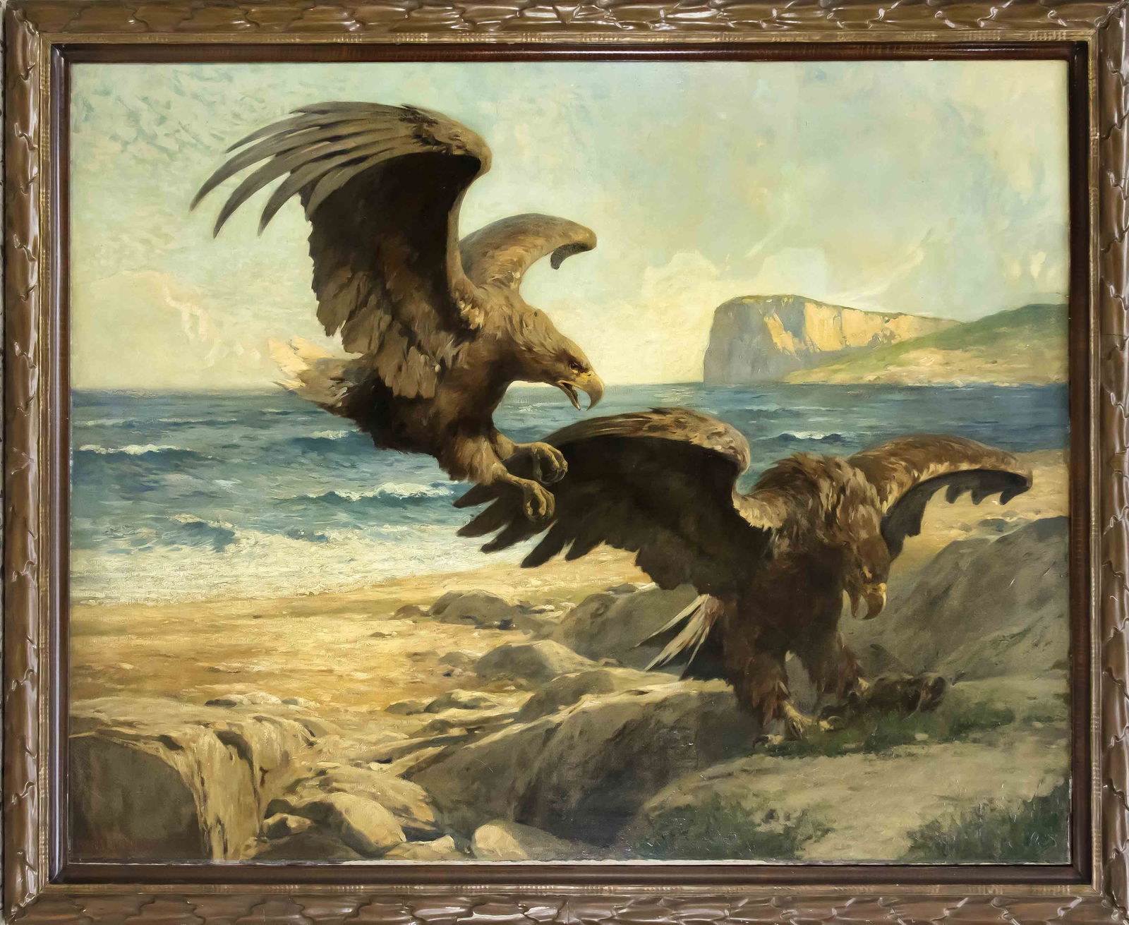 Hans Schmidt-Charlottenbu: Hans Schmidt-Charlottenburg (1877-1958), Berlin animal painter, monumental painting of two eagles who rush on a rocky cliff on their prey, oil on Lwd., U. li. signed, 138 x 171 cm, ger. 154 x 187 cm