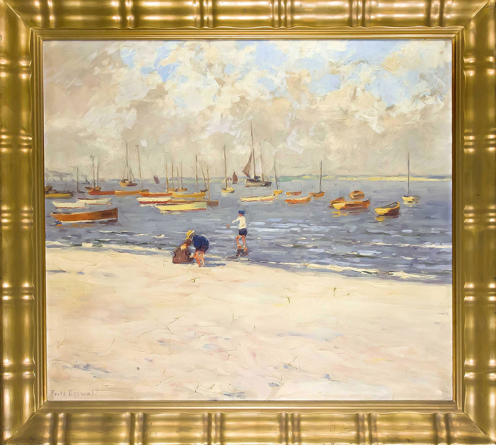 Fritz Osswald (1878-1966): Fritz Osswald (1878-1966), Swiss painter of the German impressionism, large beach scene with numerous boats, oil on canvas, signed, 85 x 100 cm, framed 105 x 120 cm