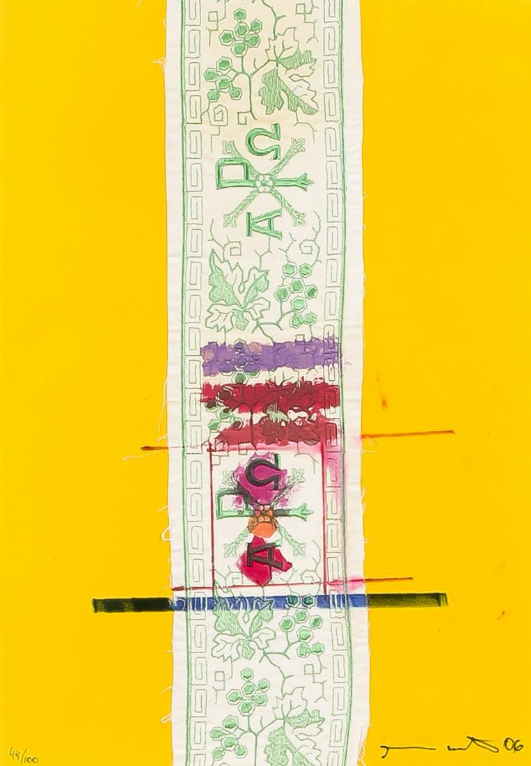 Hermann Nitsch (* 1938),: Hermann Nitsch (* 1938), collage, multiple 4, 2006, collage with acrylic and fiber pencil over parament border on velvet, mounted on cardboard, sign. u. dat. Re. u. with black fiber pencil ''Hermann N