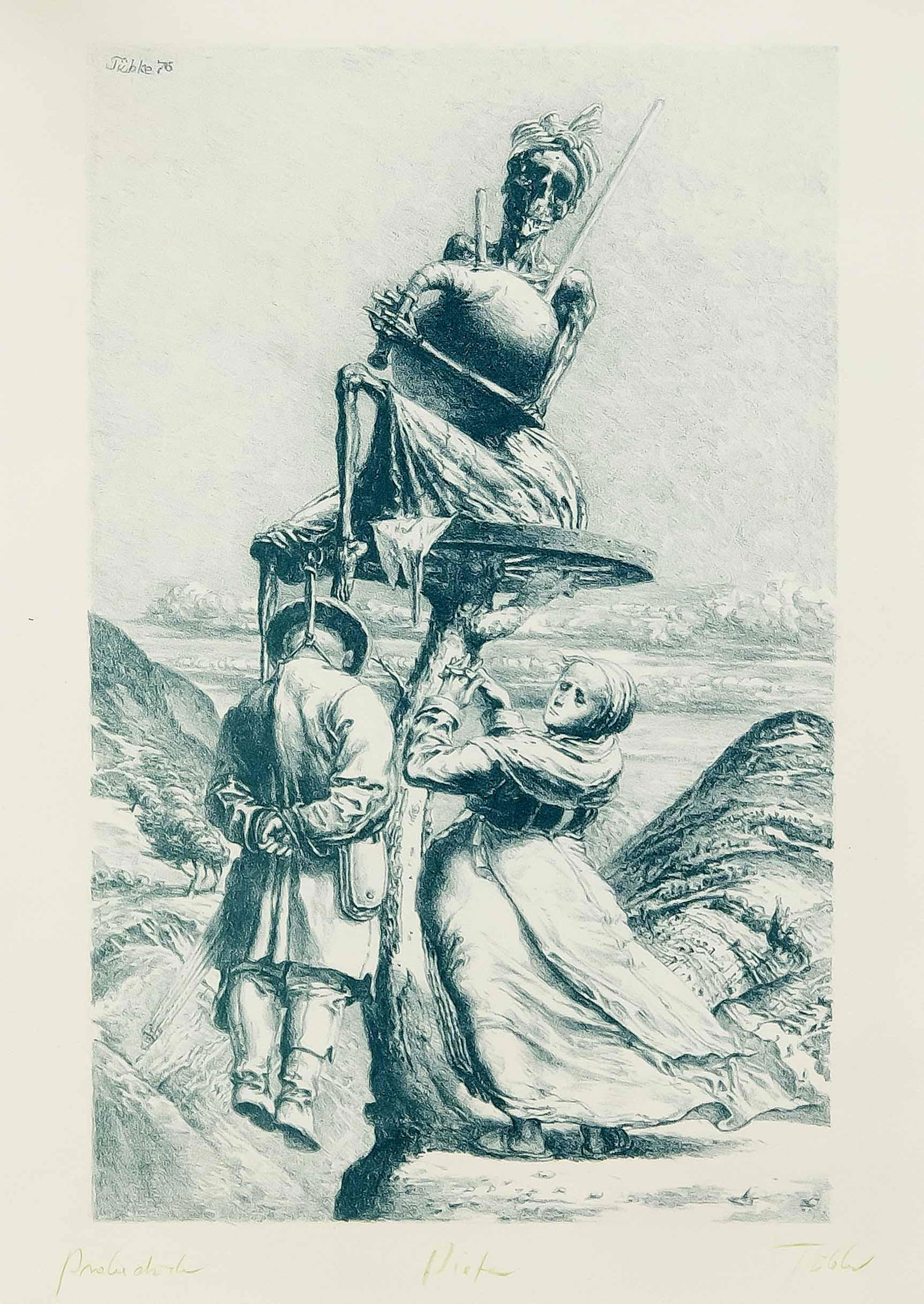 Werner Tübke (1929-2004),: Werner Tübke (1929-2004), major graphic artist of the Leipzig School, GDR, ''Hanged'' or Pieta, lithograph in green on copper printing paper, on u. Edge as proof, as well as signed in green and bez.