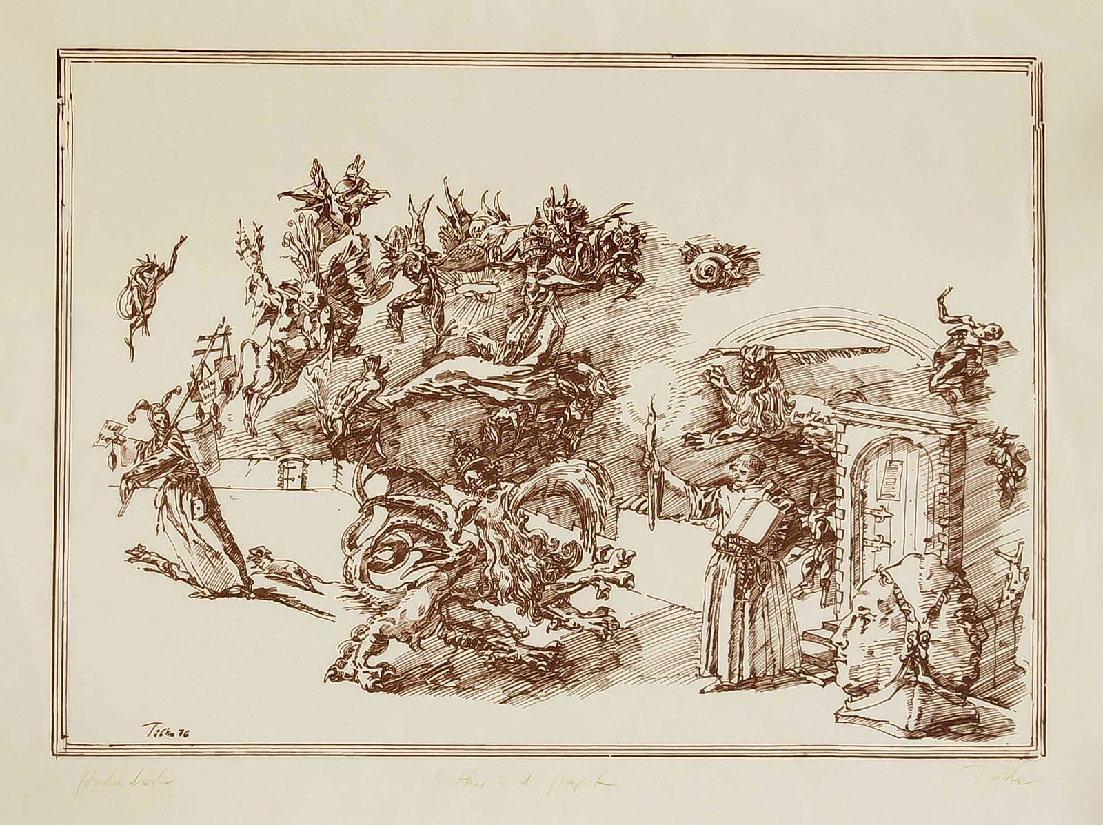 Werner Tübke (1929-2004),: Werner Tübke (1929-2004), major graphic artist of the Leipzig School, GDR, ''Luther and the Pope'', lithograph in brown on wove paper, am u. Edge as proof, as well as in green signed and inscribed, i