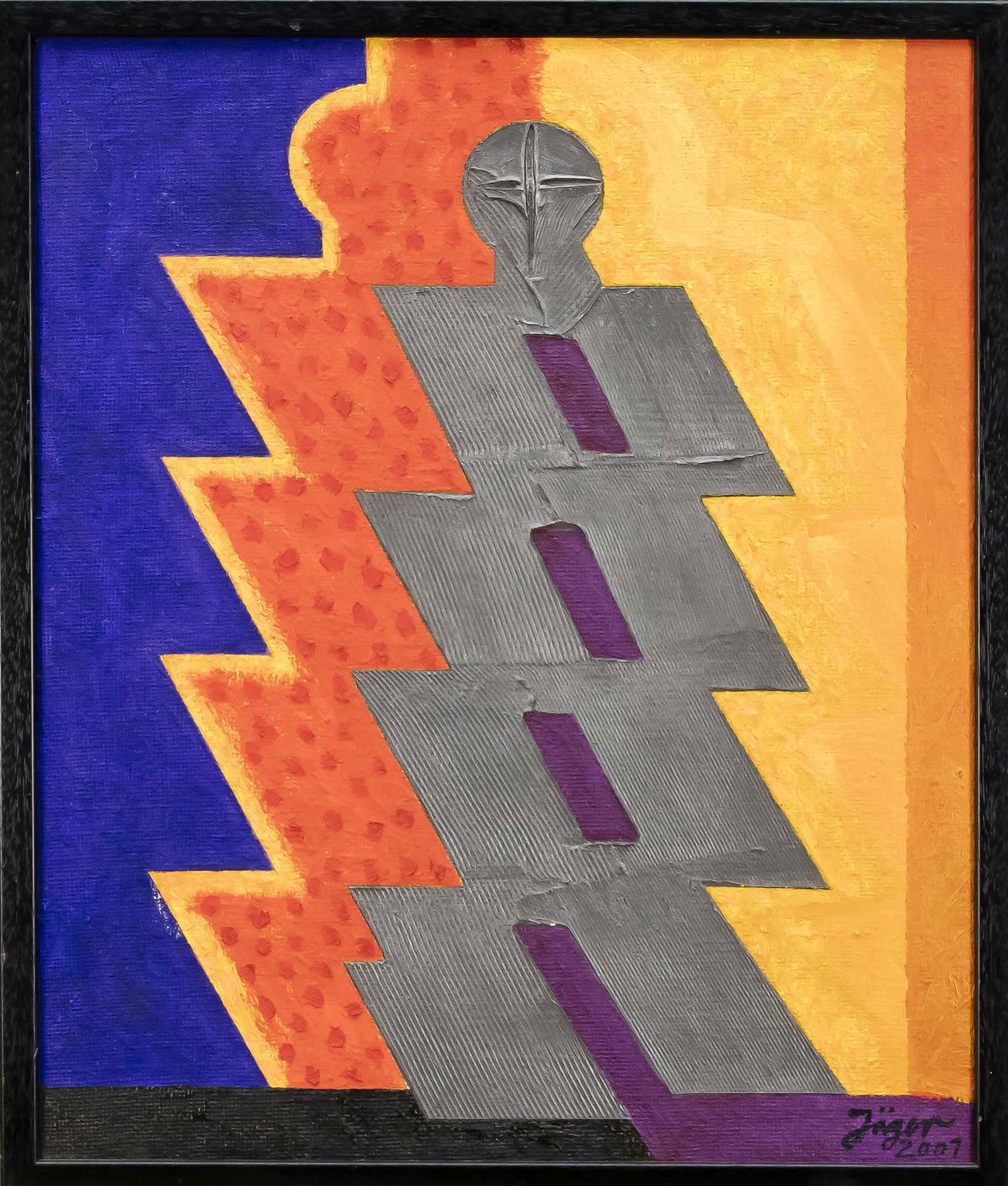 Bernhard Jäger (born 1935: Bernhard Jäger (born 1935), German painter and graphic artist, who founded the Gulliver press together with Thomas Bayrle. Abstracted figure, oil partly squeezed on rough burlap, u. re. sign. u. dat.