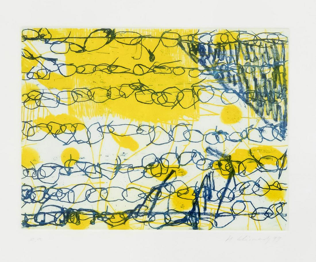 Hanns Schimansky (* 1949): Hanns Schimansky (* 1949), German graphic artist and former professor at the Art Academy Berlin-Weißensee. Without title, etching with aquatint in yellow and blue, u. re. hand sign. u. dat. 1999, 14