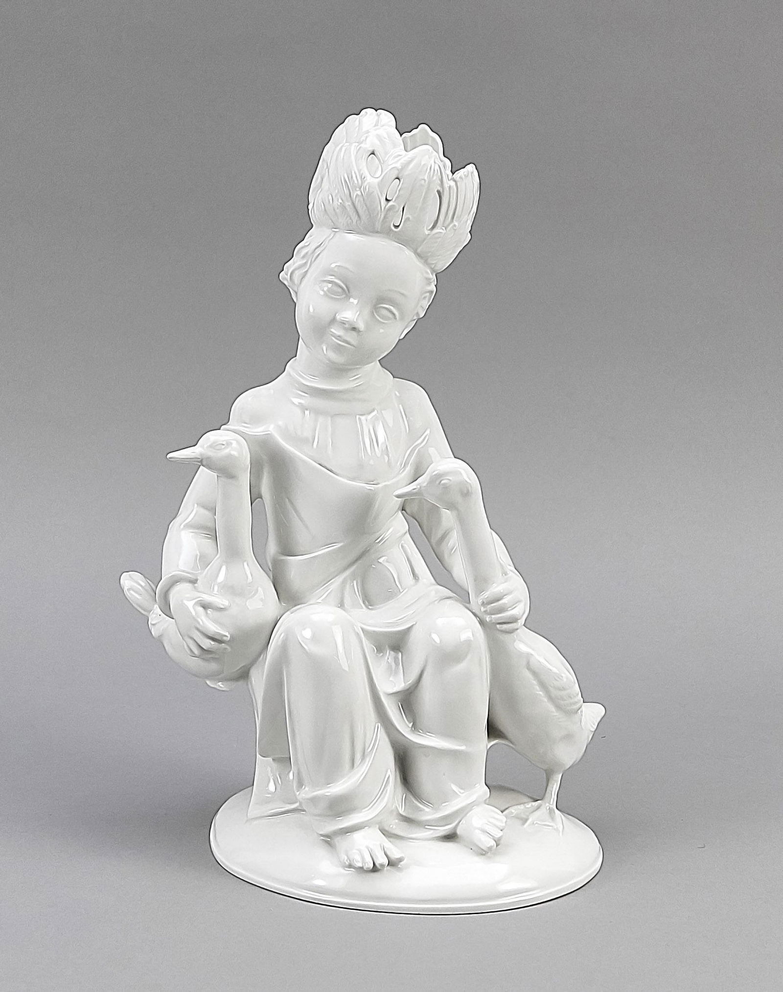 Geese king', KPM Berlin,: Geese king', KPM Berlin, mark 1945-62, 2nd selection, white, sitting boy with feather crown and two geese, designed by Ruth Schaumann (1899-1975) in 1928, crown w. chip, height 33 cm