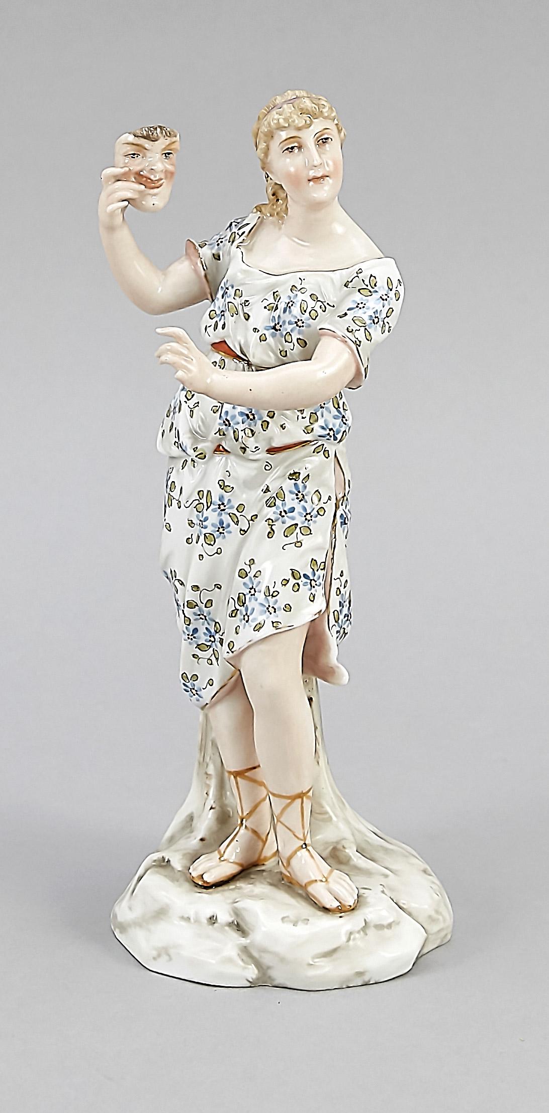 Thalia, Richard Eckert &: Thalia, Richard Eckert & Co., Volkstedt, Thuringia, mark 1894-1908, muse of the theater, young woman standing on a round base, with her left hand pointing to a laughing mask in her right hand, polychr