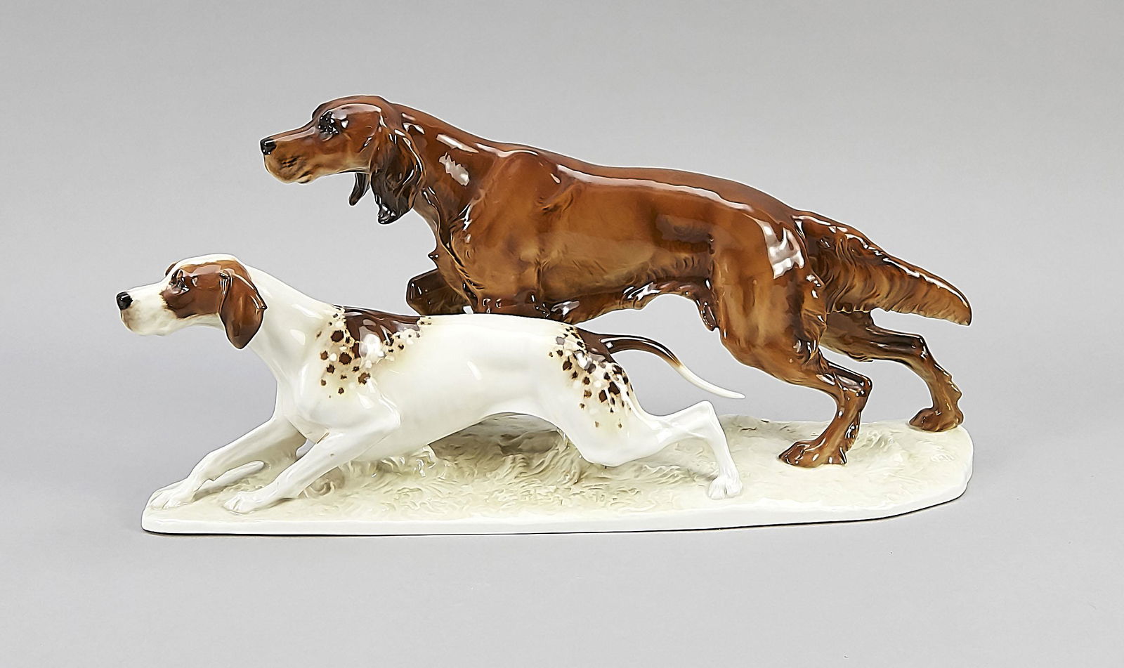 Two hunting dogs, Hutsche: Two hunting dogs, Hutschenreuther, Selb, mark of the art department 1955-1969, Irish Setter and pointer in the hunt, design probably Fritz Diller, polychrome painted in naturalistic underglaze colors,