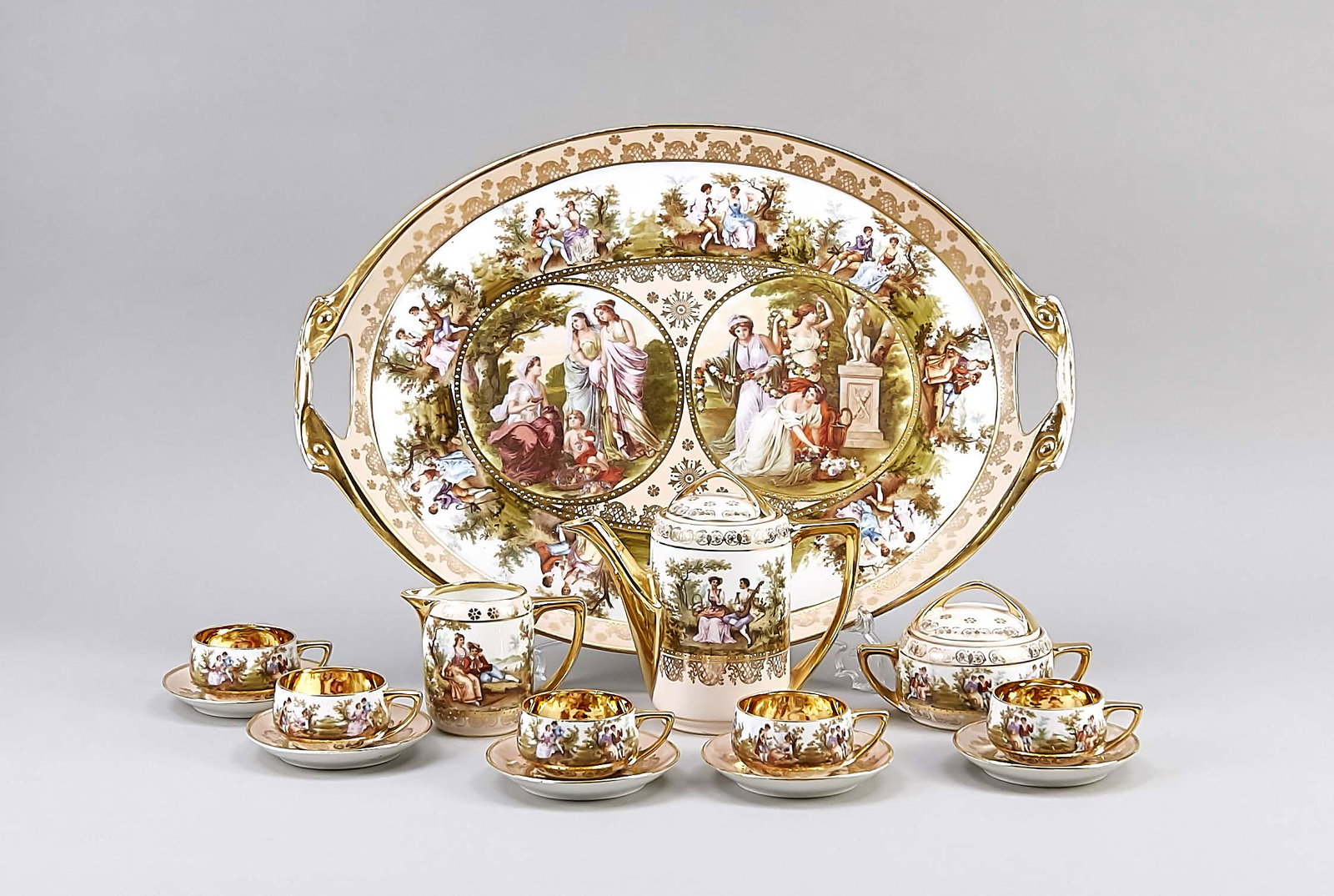 Mocha service for 5 peopl: Mocha service for 5 people on tray, 14-piece, Rosenthal, Selb-Bavaria, mark 1922-33, form Donatello, polychrome decor with gallant scenes in the landscape, pink background, gilded, partly rubbed off, 