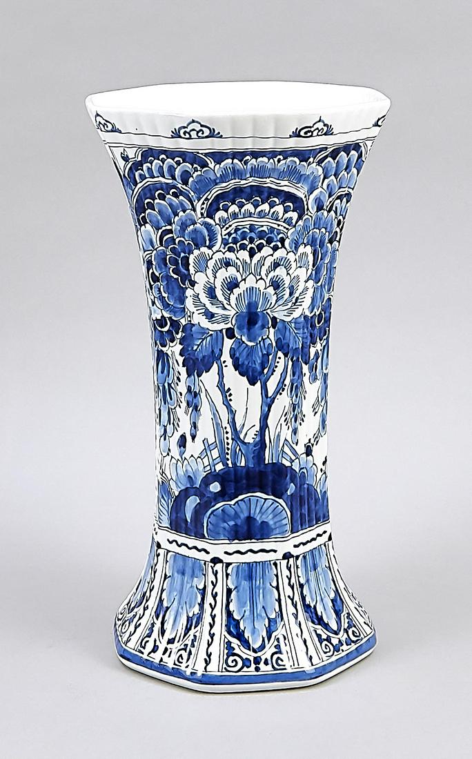 Large funnel vase, De Por: Large funnel vase, De Porceleyne Fles, Delft, 20th century, fluted wall, blue flower painting, h. 34 cm