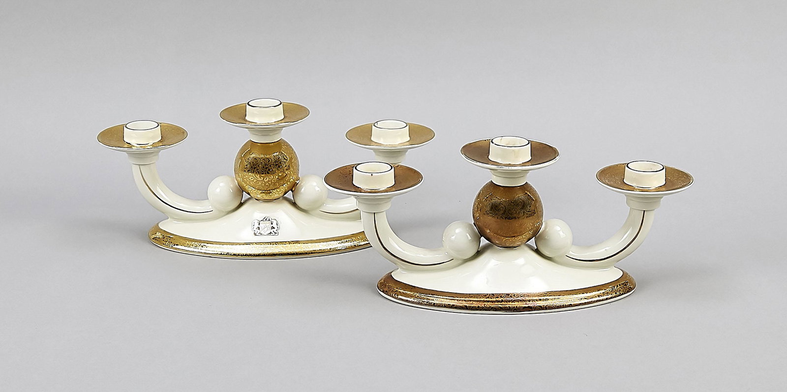Pair of candlesticks, Alb: Pair of candlesticks, Alboth & Kaiser KG, Alka porcelain factories, Staffelstein, 1930s, oval domed stand, curved candlestick arms, ball decoration, gold staffage, l. 30 cm