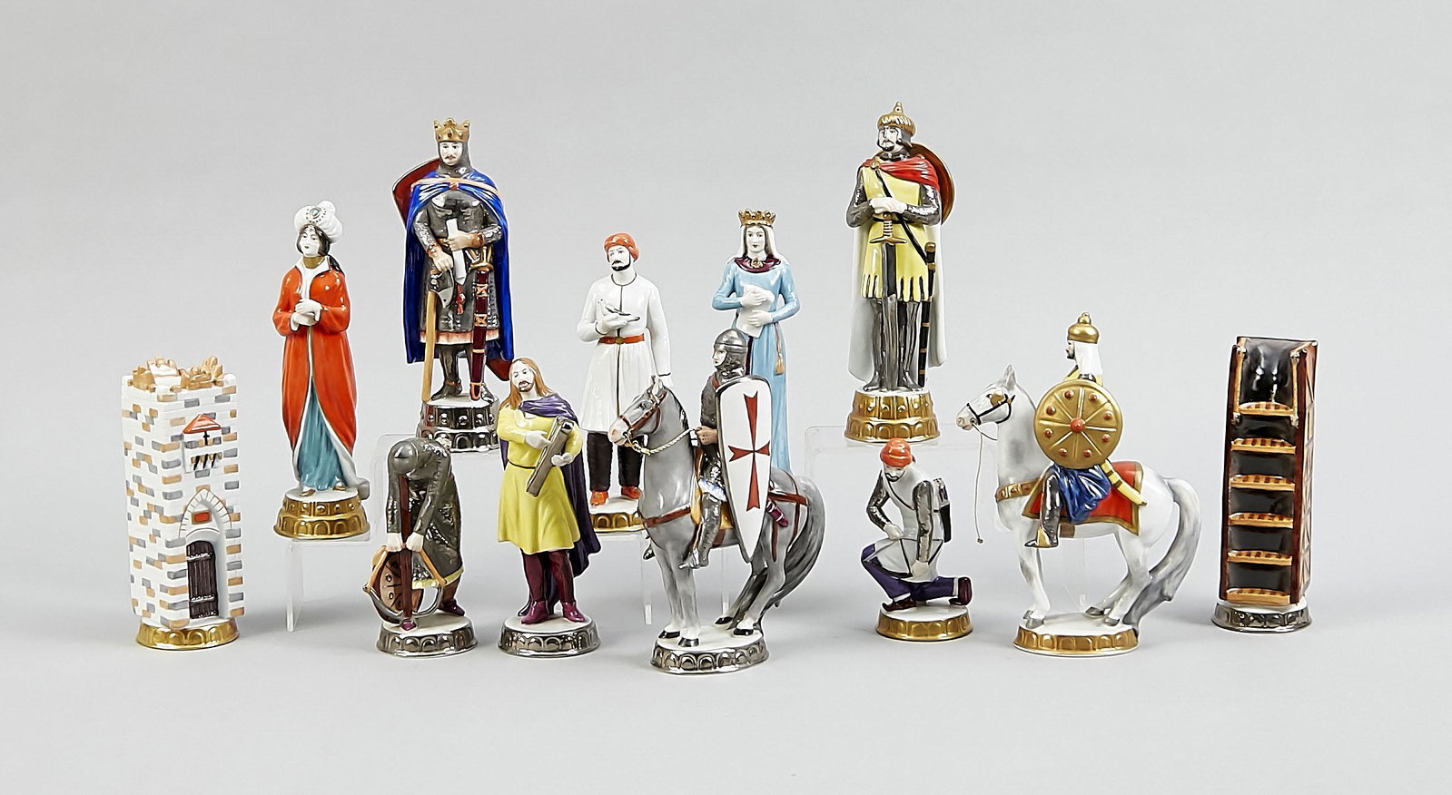 Chess set, 32 pieces, Vol: Chess set, 32 pieces, Volkstedt, Thuringia, around 1977, Turks and Franks, hand-painted chess pieces by the Volkstedt manufactory; Designed by Gustav Oppel, based on historical research of the costume