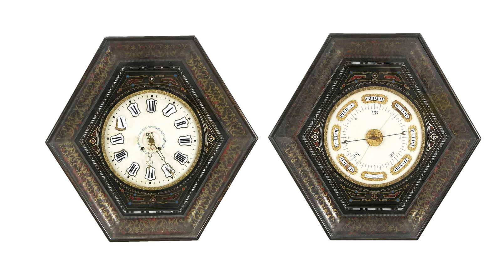 Barometer und Uhr Boulle,: Barometer und Uhr Boulle, 19.Jh., aufwendige Messingintarsien und Schildpatteinlagen, Alabaster Zifferblatt mit Rissen, röm. Ziffern auf Emaille Kartuschen Werk mit 1/2 Stundenschlag auf Tonfeder, H.