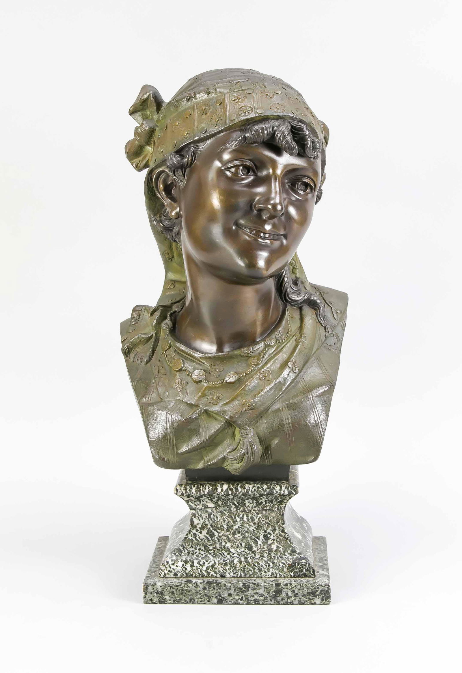 Adolphe Jean Lavergne (18: Adolphe Jean Lavergne (1863-1928), French sculptor, bust of a smiling young woman, green and brown patinated bronze over retracted marble base, laterally in the cast sign., Ges.-H. 50 cm