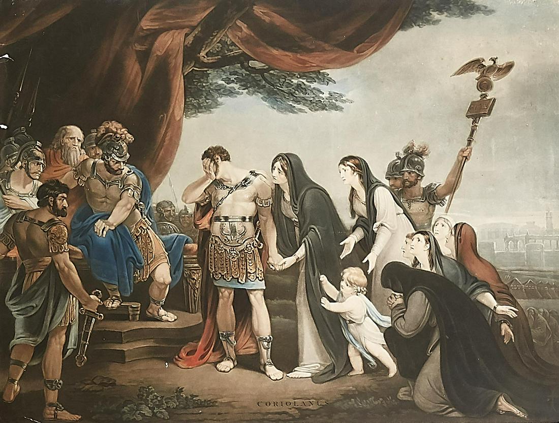 Haveill Gillbank after He: Haveill Gillbank after Henry Singleton (1766-1839), a pair of rare and large Schabkunstblätter ''Coriolanus'' and ''Hersilia - the battle of the Romans and sabines'', fine colored mezzotint at Ja