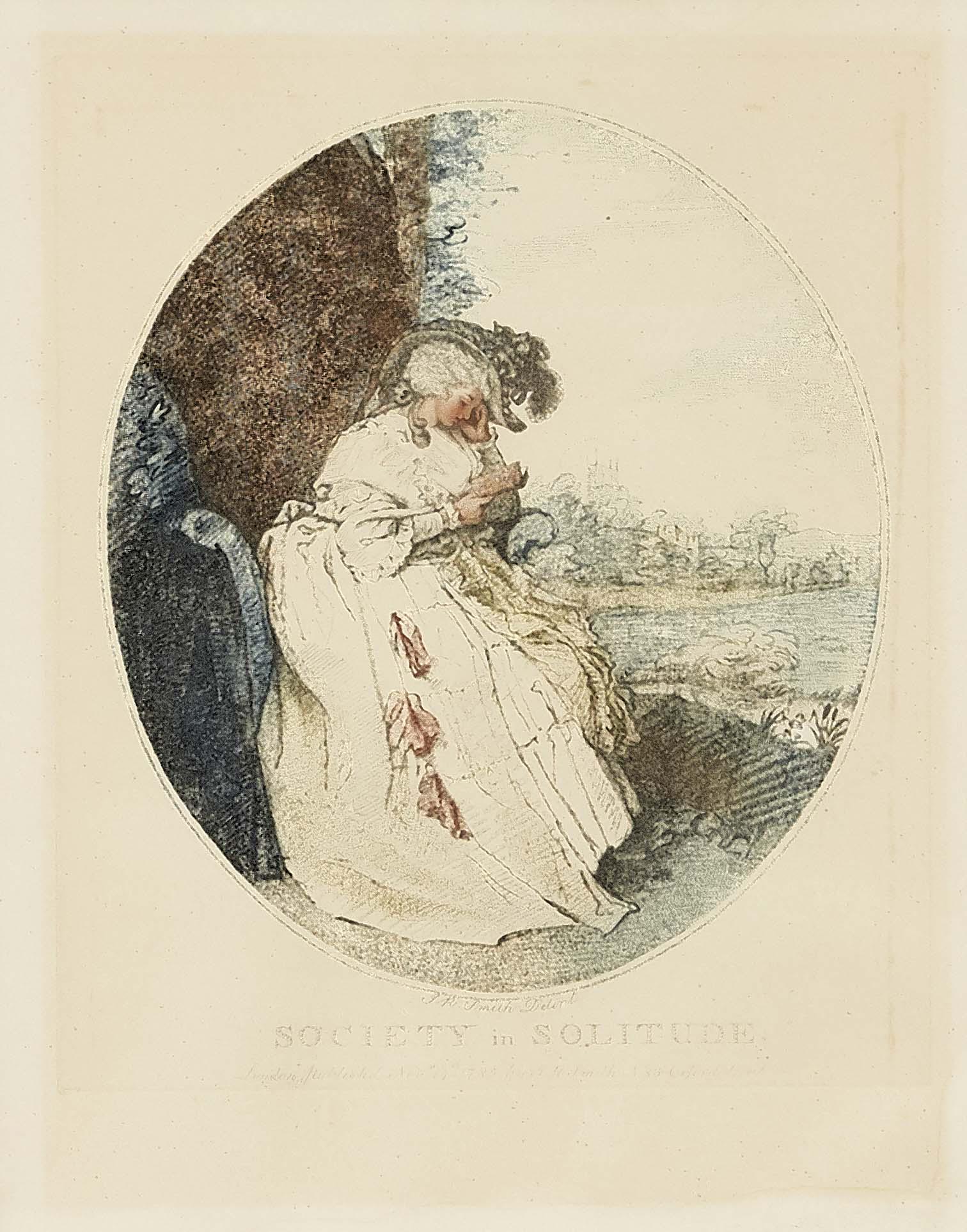 John Raphael Smith (1752-: John Raphael Smith (1752-1812), "Society in Soitude", galante Dame bei der Lekture am Seeufer, farbige Radierung in Crayonmanier, am u. Rand in der Platte sign. u. bez., hg. in London 1785, Lichtrand,