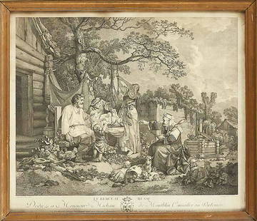 Philippe Louis Parizeau (: Philippe Louis Parizeau (1740-1801) after Jean-Baptiste le Prince (1734-1781), ''Le Berceau Russian'', Russian childhood, copperplate engraving, slightly spotted, 37 x 42 cm, behind glass ger. 43 x 49