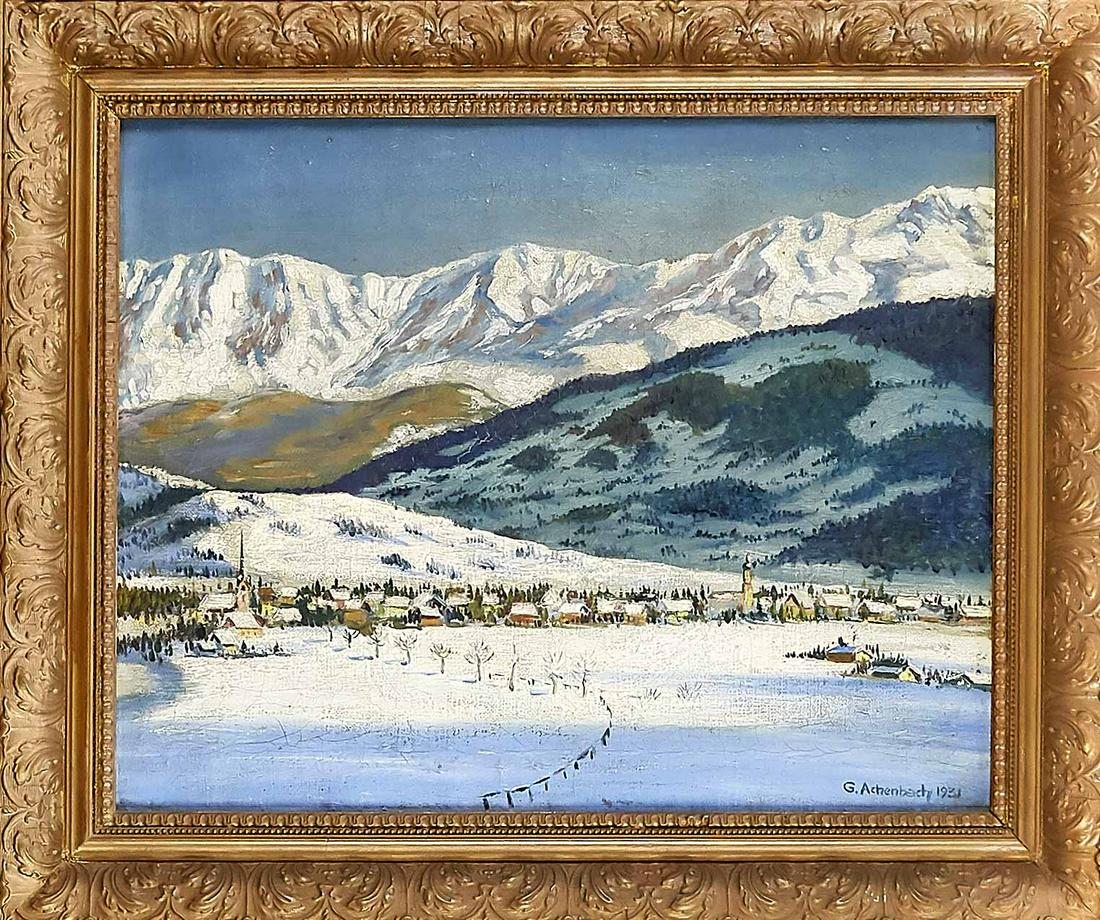 Gabrielle Achenbach (1871: Gabrielle Achenbach (1871-1956), landscape painter and still life painter working in Paris. Alpine winter landscape with view over Garmisch (?), Oil on Lwd., U. re. sign. u. dated 1931, 37 x 45 cm, ge