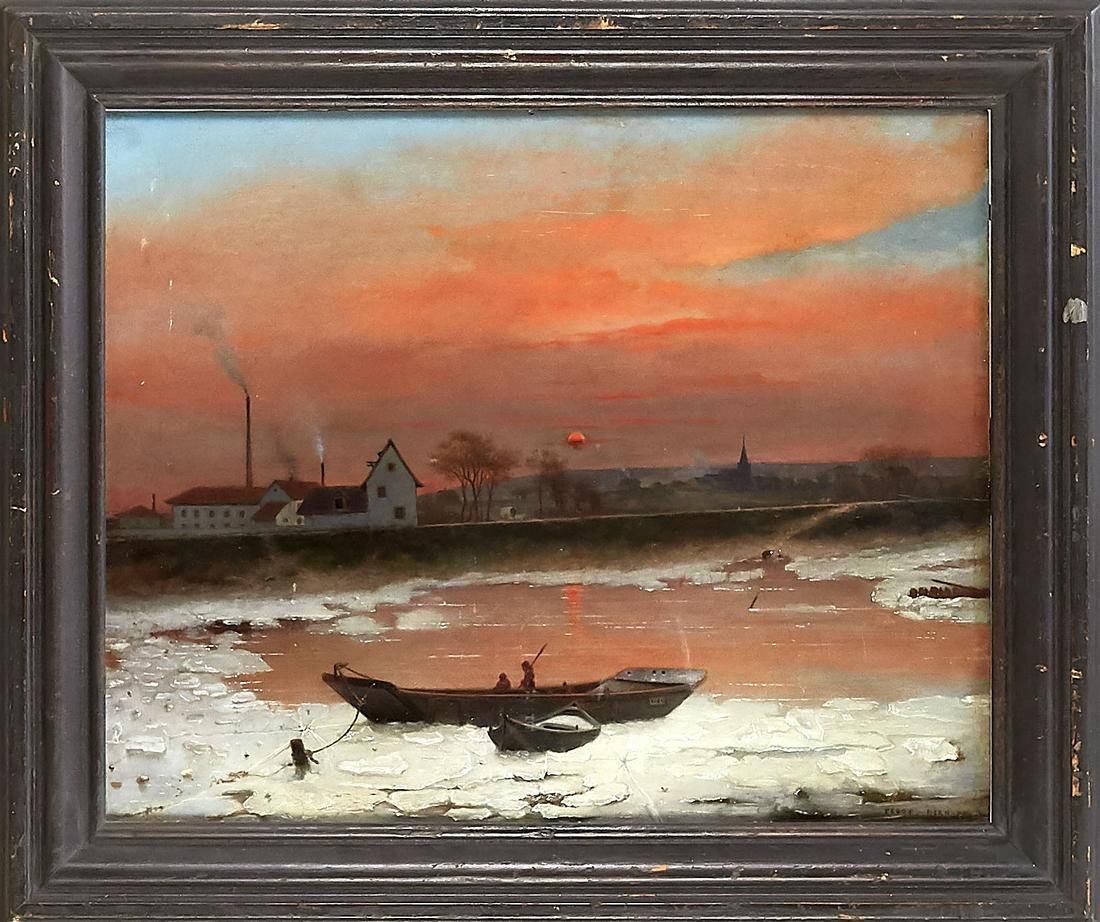 Bernard Pegot (ca.1830-ca: Bernard Pegot (ca.1830-ca.1900), French painter, evening mood over a partly frozen waters with village and smoky chimneys in the background, oil on wood, u. re. sign. ''Pegot Bernard'', 38 x 46 cm, ge