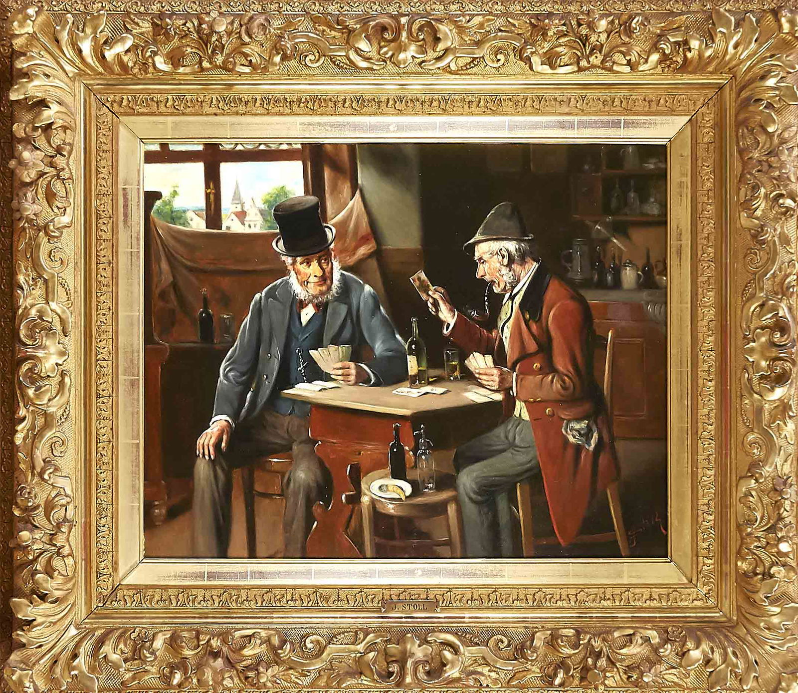 Signed J. Stoll, late 19t: Signed J. Stoll, late 19th century, two gentlemen on a leisurely round of cards, oil on canvas, u. re. sign. u. on frame plaque bez, 43 x 53 cm, magnificent frame 70 x 78 cm