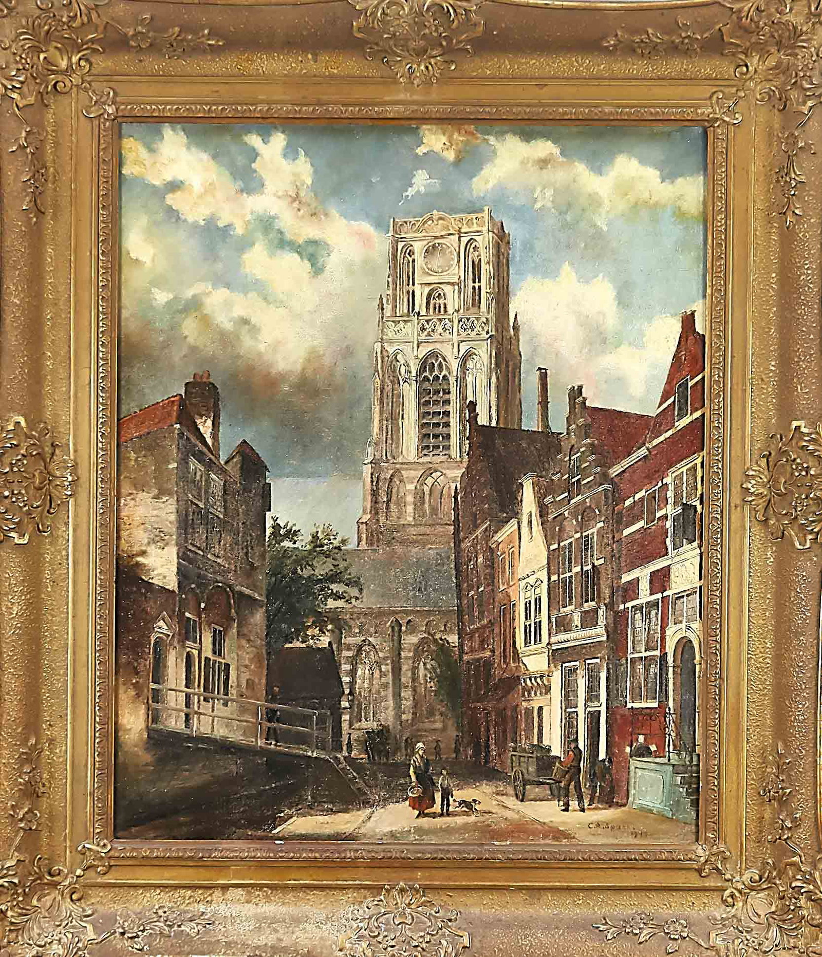 C. A. Spann, VEdutenmaler: C. A. Spann, VEdutenmaler 1st half of the 20th century, Dutch cityscape with gothic church tower, oil on canvas, u. re. sign. u. dat. 1919, paint rubbed off, 60 x 50 cm, ger. 78 x 68 cm