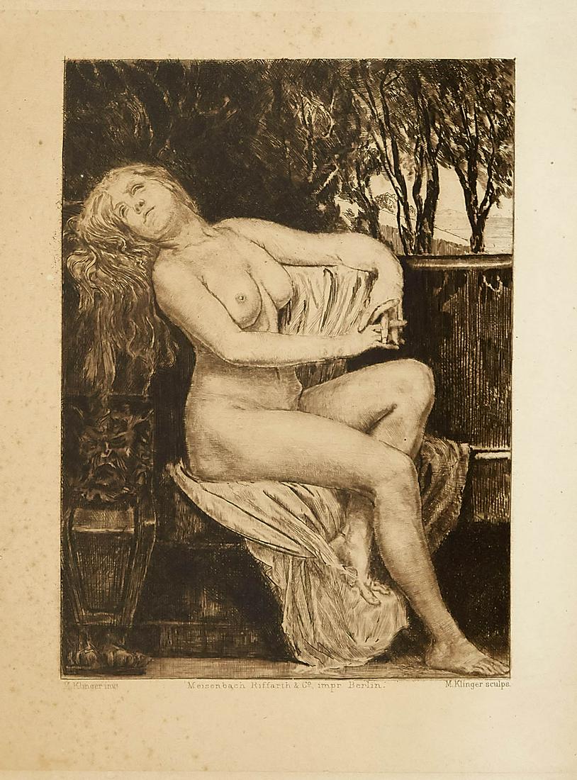 Convolute of 5 graphics a: Convolute of 5 graphics around 1900, Max Klinger (1857-1920), female nude, etching, am u. Edge bez. Meissenbach Riffarth u. co. impr. Berlin, partly browned and stained, Hans Kobinger (1892-1974), Tow