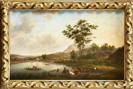 Christian Georg Schütz (1: Christian Georg Schütz (1718-1791) (attrib.), Atmospheric, romantic river landscape with rich staffage. In the background the river meanders, partly lined with buildings, through a hilly landscap