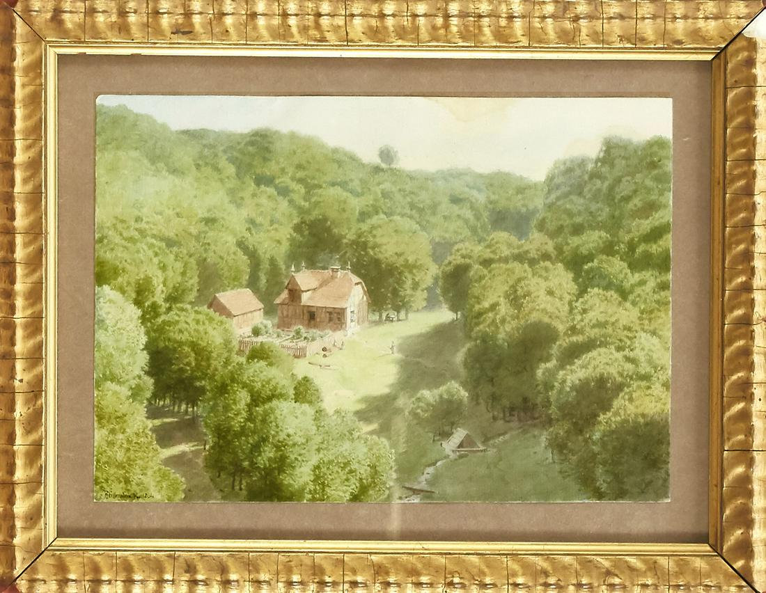 Karl Theodor Reiffenstein: Karl Theodor Reiffenstein (1820-1893), Frankfurt architecture and landscape painter of the Romantic period. View of a half-timbered house in a forest clearing from an elevated point of view. Watercolo