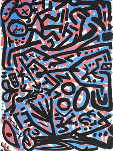 A.R. Penck, d.i. Ralf Win: A.R. Penck, d.i. Ralf Winkler (1939-2017), untitled, very large color serigraphy on light cardboard, u. re. Signed by hand in pencil and numbered 34/55, formerly rolled, cracks due to creases, pinhole