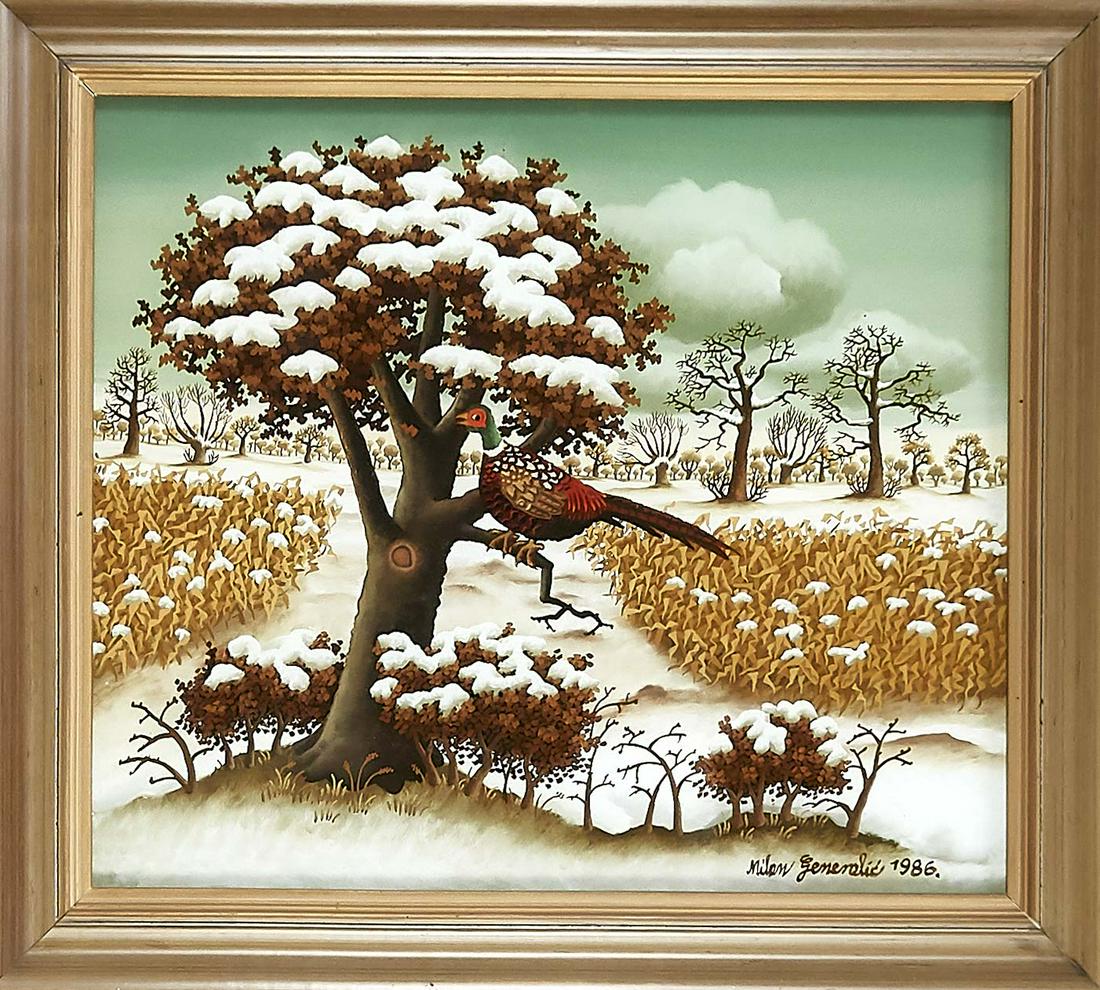 Milan Generalic (1950-201: Milan Generalic (1950-2015), one of the most famous Croatian representatives of naive art. snowy landscape with pheasant in the tree, reverse glass painting, u. re. sign. u. dat. 1986, eng. 41 x 46 cm