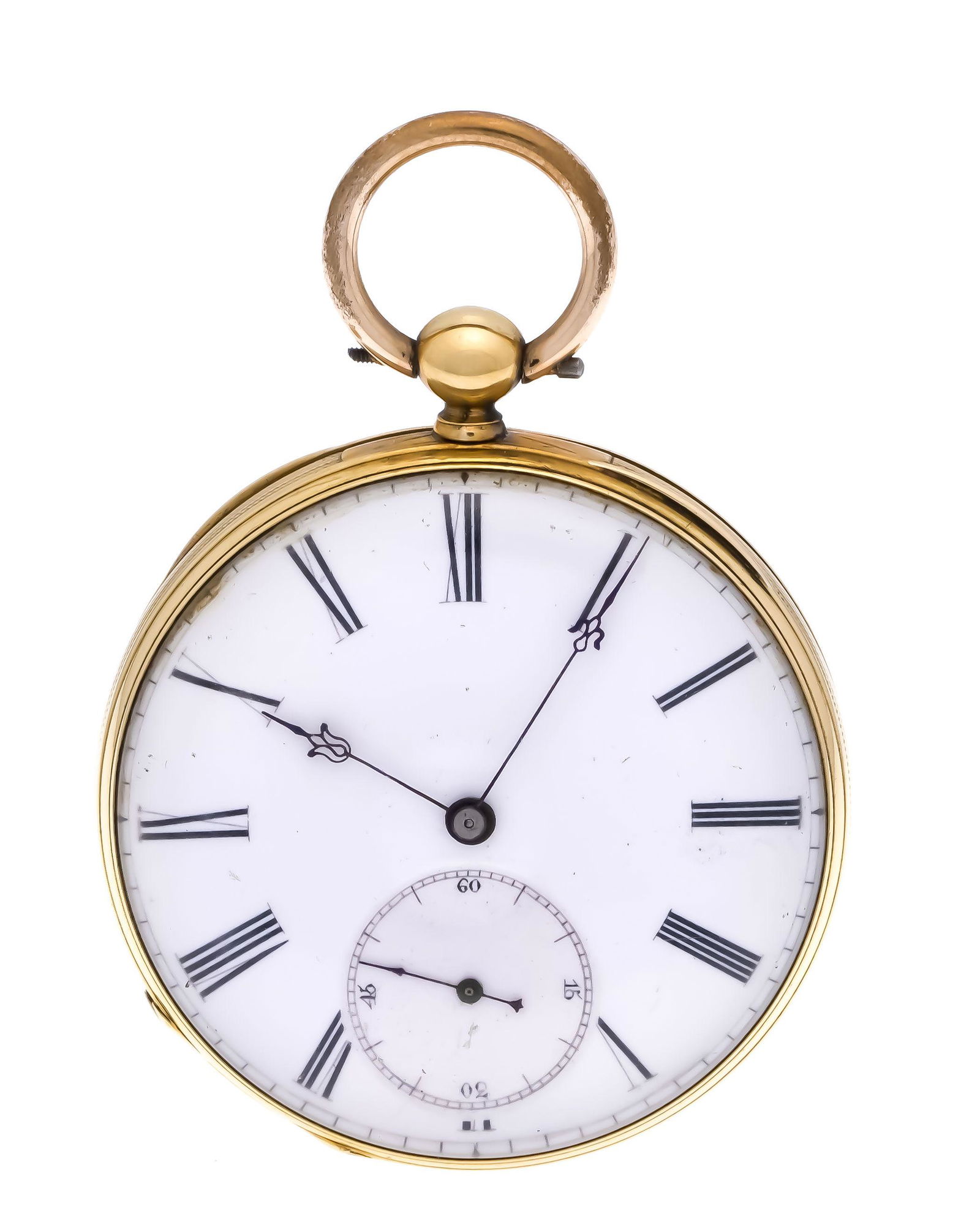 Open key pocket watch yel: Open key pocket watch yellow gold 750/000, 1 lid gold, finely decorated with book, globe and compass, white enamel dial with Roman numerals and blued hands, anchor mechanism resinified, balance shaft