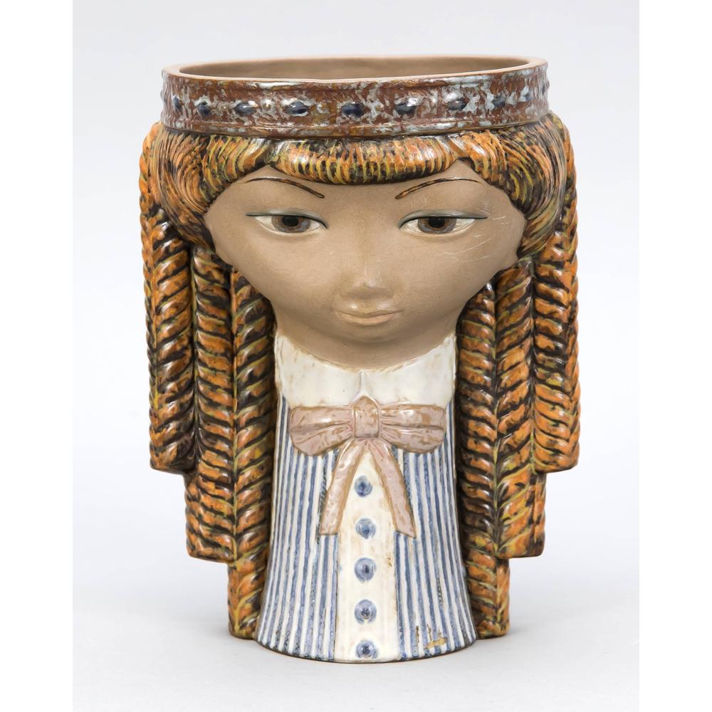 Figurative cachepot, Llad: Figurative cachepot, Lladro, Spain, 20th century, earthenware, colored glaze, in the form of a girl's head with braids, h. 20 cm