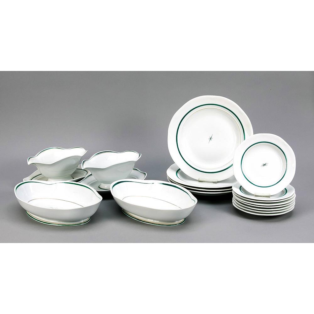 Art Nouveau service, 16 p: Art Nouveau service, 16 pieces, Meissen, 1924-34, 1st quality, designed by Max Esser, green edging with gold rim, 4 dinner plates, 2 chipped, Ø 25 cm, 8 bread plates, 1 chipped, Ø 16, 5 cm, 