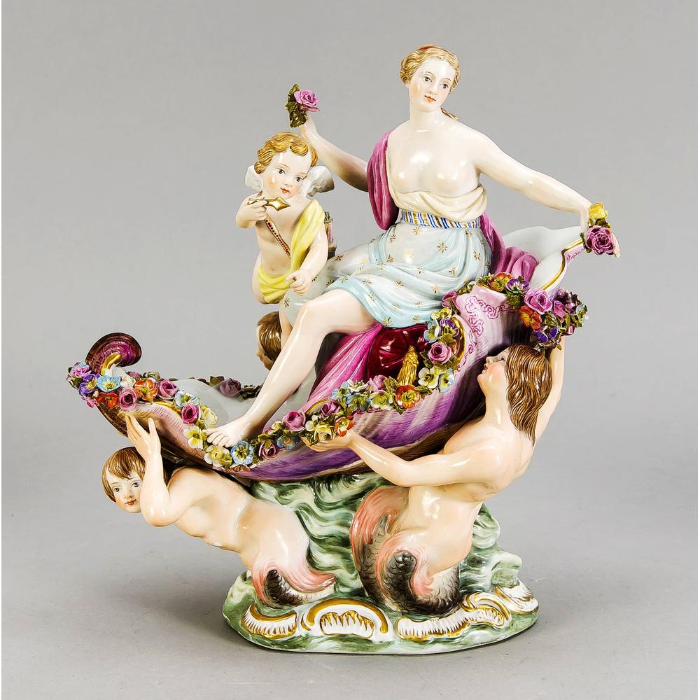 Triumph of Venus, prob. M: Triumph of Venus, prob. Meissen, 20th century, Venus, accompanied by Cupid sitting in a conch shell, carried by three tritons, polychrome painted, gold-plated, arrow best. but existing, h. 24 cm