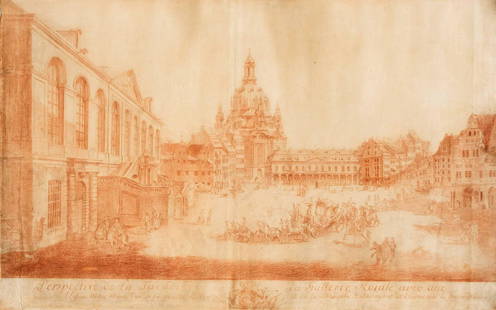 Canaletto, d.i. Bernardo: Canaletto, d.i. Bernardo Bellotto (1721-1780), after, ''Perspective de la Facade de la Gallerie Roiale avec une partie de l'Eglise nôtre Dame ...'', red chalk drawing on handmade paper. Early, ve