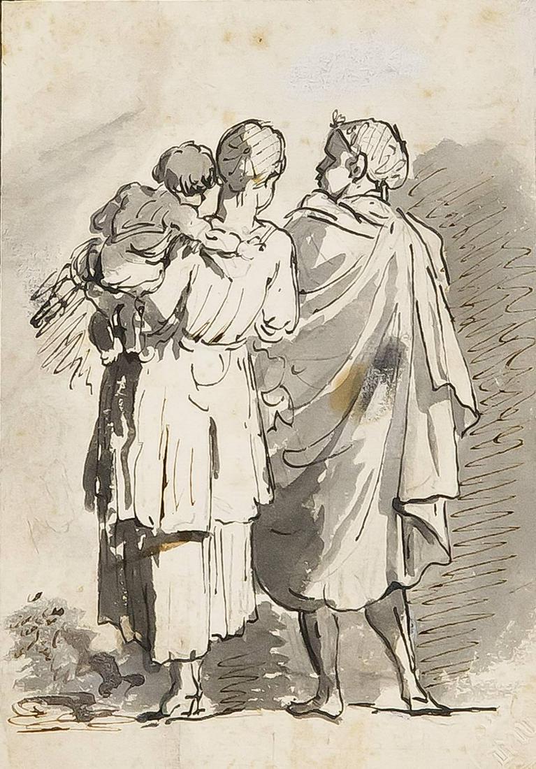 Benjamin West (1738-1820): Benjamin West (1738-1820), circumcision, mother and child next to a gentleman with cloak, brown and black feather on handmade paper, black washed, 18th cent., With edging line in black feather, mounte