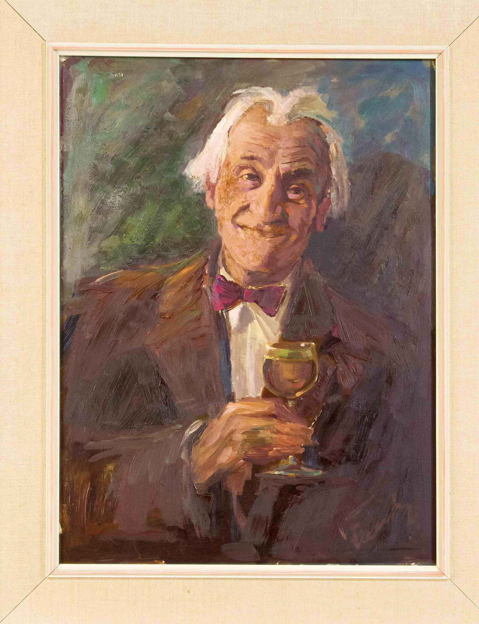 Unidentified portrait pai: Unidentified portrait painter in the mid-20th century, Portrait of the Palatinate dialect poet Bellemer Heiner (d. August Heinrich) with wine glass, oil on hardboard, u. re. indistinctly sign., 57 x 4