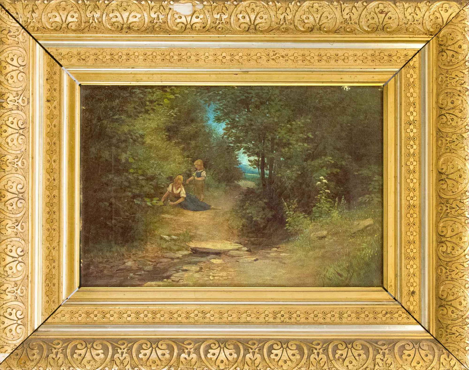Johann Georg Mohr (1864-1: Johann Georg Mohr (1864-1943), German landscape painter of late Romanticism, which was close to the Kronberg painting colony. Flower-picking children in a clearing in the forest, oil on canvas, u. re.