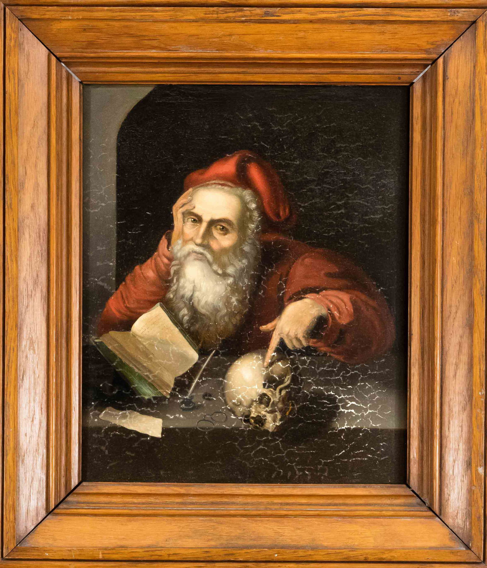 Anonymous copyist of the: Anonymous copyist of the 19th century, St. Jerome with book and skull in a window opening, compositional after Joos van Cleve, oil on panel, unsign., Craquelure in the lower area, 28 x 22 cm, framed 3