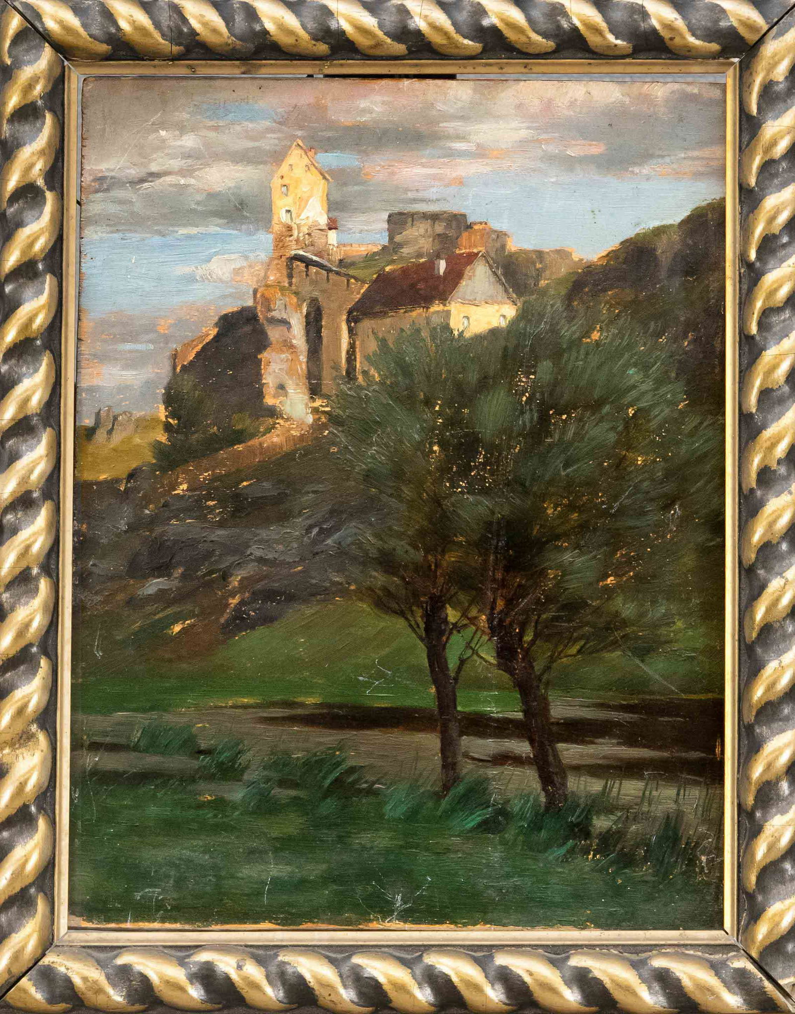 Richard Schubring (1853-1: Richard Schubring (1853-1902), German painter from Dessau, oil sketch of a landscape with a higher settlement, oil on panel, unsigned, on the reverse old inscribed. u. dated 1912, calc., 32 x 24 cm