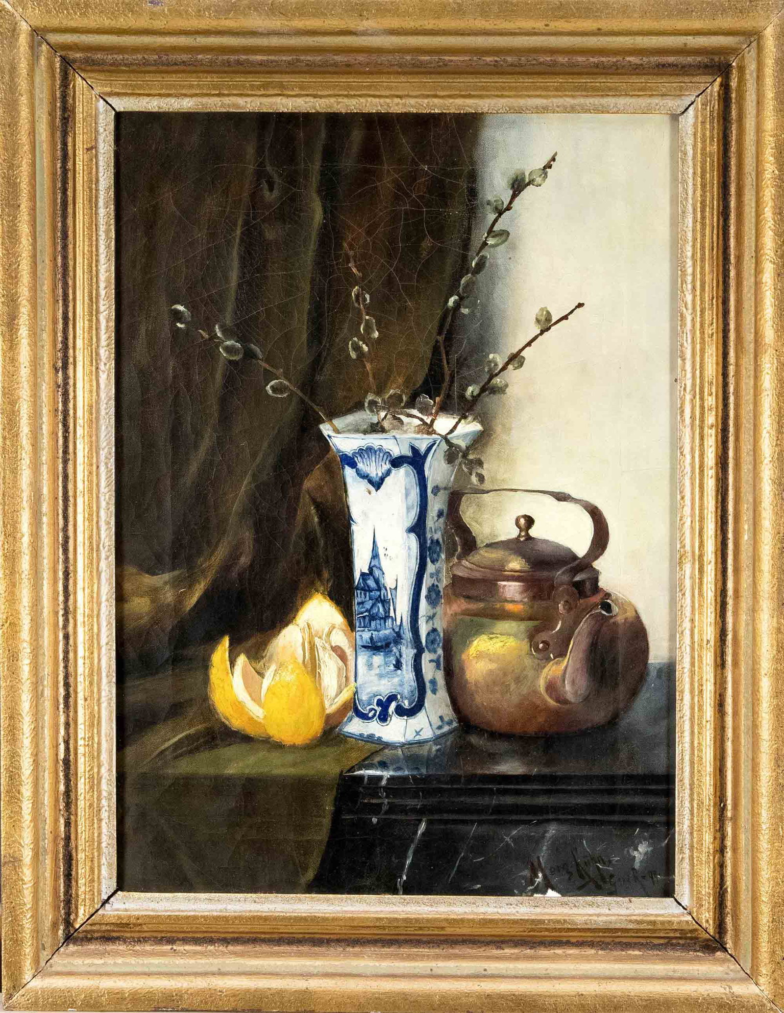 Sign. Marg. Kühn, late 19: Sign. Marg. Kühn, late 19th century, still life with lemon and Delftware vase, oil on canvas, u. re. sign. u. ''Gera (?) 99, craquelure, 47 x 34 cm, ger. 59 x 46 cm